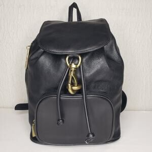 Vtg DKNY Donna Karan Leather Bagpack Purse Women's Black Drawstring Brass Y2K